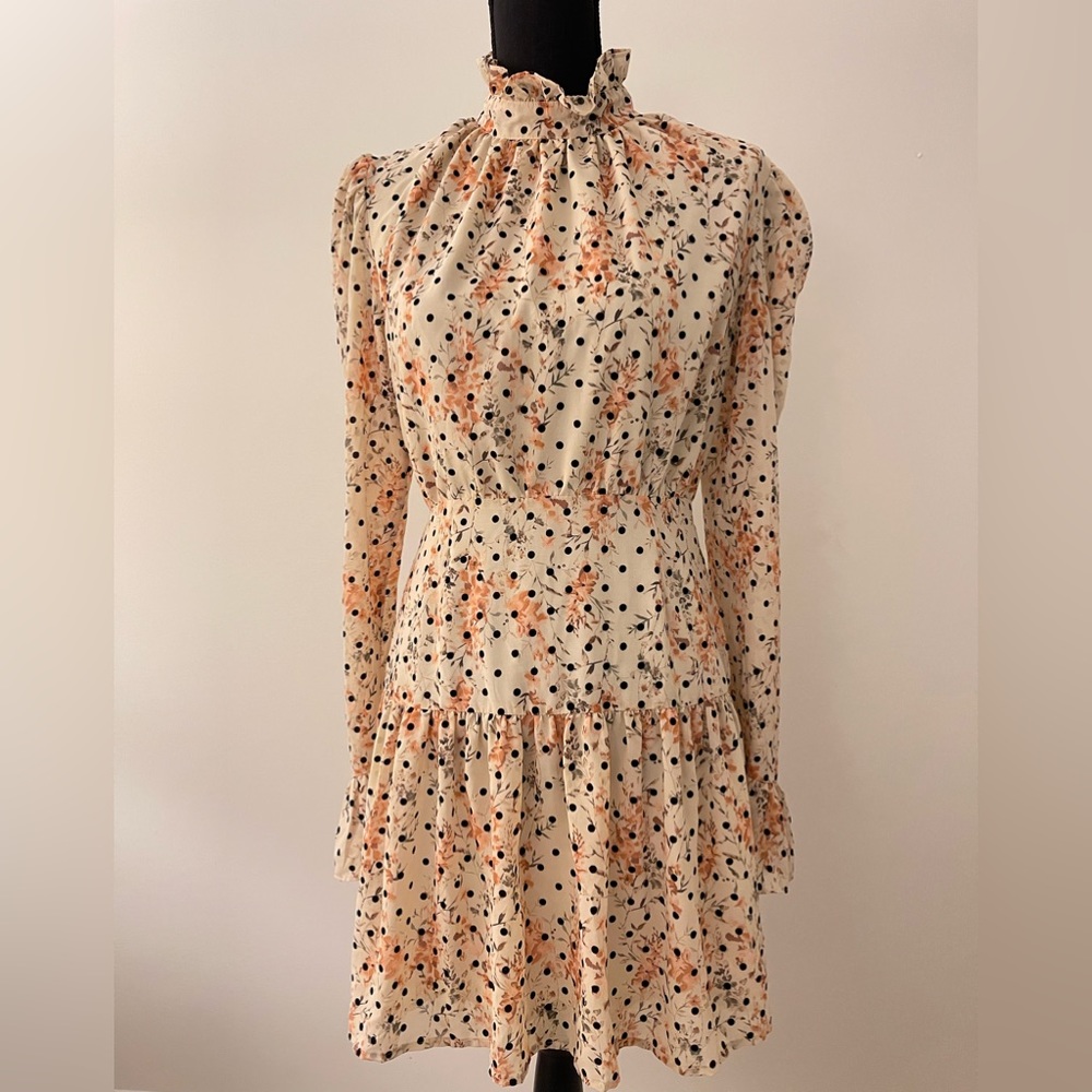 NastyGal Collection Size 4 Dress Beige Polka Dot Dress With Long Sleeve